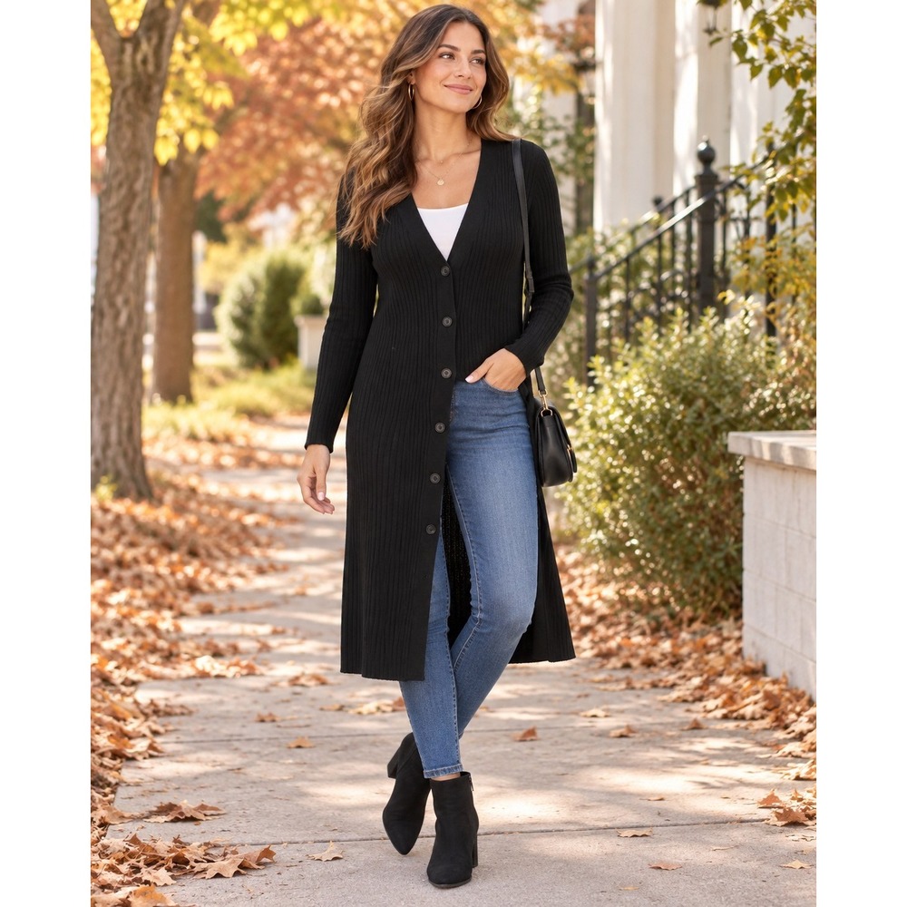 Vintage Worthington Black Ribbed Knit Duster Cardigan Womens L Made in Japan